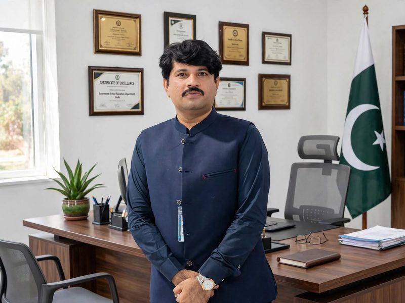 Head Master Nadeem Durrani standing in his office in a navy waistcoat, with the Pakistan flag and framed certificates behind him.