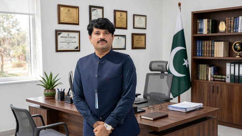 Head Master Nadeem Durrani standing in his office in a navy waistcoat, with the Pakistan flag and framed certificates behind him.