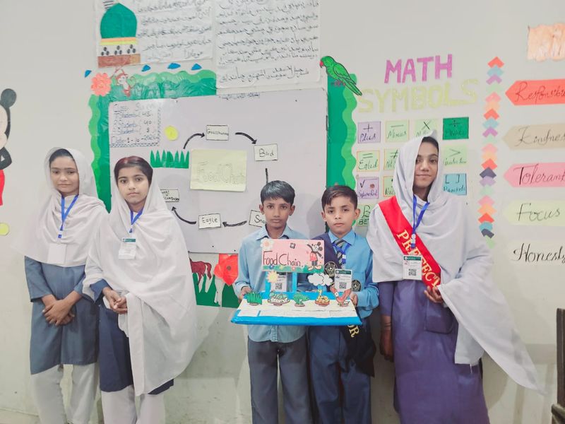 Four students stand beside a food-chain chart on the classroom board. Two of them hold a colourful food-chain model.